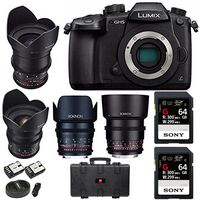 Panasonic Lumix GH5 4K Mirrorless Camera (Body) + Rokinon 4-Lens Cine Kit (24, 35, 50, 85mm T1.5) 64GB UHSII