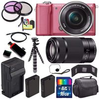 Sony Alpha a5000 Mirrorless Digital Camera with 16-50mm Lens (Pink) + Sony E 55-210mm f/4.5-6.3 OSS E-Mount Lens 16GB Bundle 22 - International Version (No Warranty)