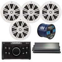 Rockford Fosgate PMX-0 Ultra Compact Bluetooth Marine Boat Digital Media Receiver Bundle Combo with 4X Kicker 41KM604W 6.5 Inch Audio Speakers + Marine Amplifier + 50Ft Wire