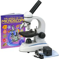 AmScope M149C-WM Compound Monocular Microscope, WF10x and WF25x Eyepieces, 40x-1000x Magnification, LED Illumination, Brightfield, Single-Lens Condenser, Plain Stage, 110V or Battery-Powered, Heavy-Duty Metal Frame, Includes Book
