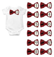 Gift Set of 12 Bowtie Keepsake Photography Monthly Baby Stickers with North Woods Moose, Elk and Bear Plaid BT026