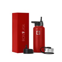 Iron Flask Sports Water Bottle - 32 Oz, 3 Lids (Straw Lid), Vacuum Insulated Stainless Steel, Hot & Cold, Wide Mouth, Double Walled, Hydro Metal Canteen, Fir Red
