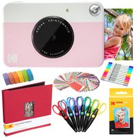 Kodak Printomatic Instant Camera (Pink) Art Bundle + Zink Paper (20 Sheets) + 8x8 Cloth Scrapbook + 12 Twin Tip Markers + 100 Border Stickers + 6 Decorative Scissors + Washi Tape