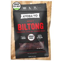 Ayoba-Yo Spicy Biltong. Grass Fed, Tender Beef Snack. Better than Jerky. Paleo and Keto Certified and Whole30 Friendly. High Protein Steak Cuts. Made with Premium Meat. Gluten & Sugar Free. 2 Ounce