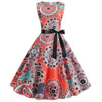 Prom Dresses for Women,Women Vintage 1950s Retro Sleeveless O Neck Print Evening Party Prom Swing Dress Orange