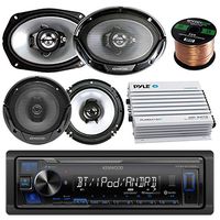 Kenwood Bluetooth AM/FM Radio Car MP3 Receiver Player Bundle with 2 Speakers 6x9 Inch, 2X Speakers 6.5 Inch, 400 Watt Amplifier, 50 Foot Speaker Wire