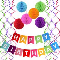 Famoby Colorful Happy Birthday Banner with 6 Pcs Colorful Honeycomb Poms Hanging Swirl for Fiesta Party Mexican Carnival Kids Family Birthday Party Decorations