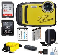 FUJIFILM FinePix XP140 Water, Shock, Freeze, and Dustproof Digital Camera (Yellow) Bundle; Includes: 64GB & 16GB Memory Cards + Spare Battery + +Floating Strap + Camera Case + More
