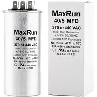 MAXRUN 40+5 MFD uf 370 or 440 Volt VAC Round Motor Dual Run Capacitor for AC Air Conditioner Condenser - 40/5 uf MFD 440V Straight Cool or Heat Pump - Will Run AC Motor and Fan - 1 Year Warranty