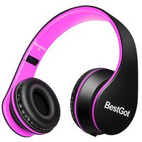 BestGot Wired Kids Headphones for Kids Boys Adult with Microphone in-line Volume Included Cloth Bag Foldable Headset with 3.5mm Plug Removable Cord (Black/Pink)