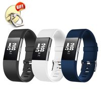 [3-Pack] IYOU Compatible for Fitbit Charge 2 Replacement Bands, Classic Edition Adjustable Silicone Sport Wristbands Fitbit Charge 2 Bands for Women and Men, Large,【Gift】 1X Finger Ring Stand
