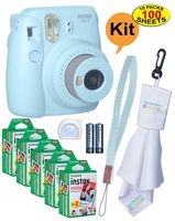 Fujifilm Instax Mini 9 Instant Film Camera + 20 Sheets of Instant Film + Lens Cleaning Cloth + Close-Up Selfie Lens + Wrist Strap | Batteries Included - ICE-Blue
