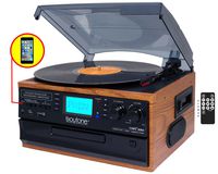 Boytone BT-21DJW-C, 3 Speed Turntable Ability to convert vinyl record, CD, Cassette, AM/FM Radio into MP3 files format without a computer, USB/SD Slot, Auxiliary, Headphone Jack, 2 built in speaker.