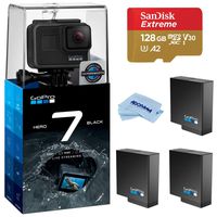 GoPro HERO7 Black - Waterproof Digital Action Camera with Touch Screen 4K HD Video 12MP Photos Live  Streaming, Bundle With 2 Extra GoPro Batteries + 128GB SD Card + Cleaning Cloth