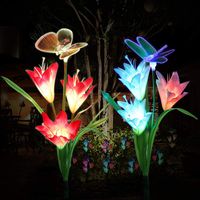Solar Garden Lights Outdoor,WOHOME Solar Stake Lights Outdoor, Waterproof Multi Color Changing with 6 Lily Flowers,1 Butterfly,1 Dragonfly,Solar LED Decorative Lights for Garden,Patio,Backyard