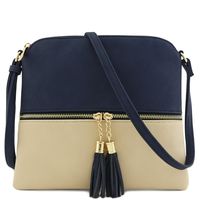 Lightweight Colorblock Medium Crossbody Bag with Tassel (Navy/Nude)