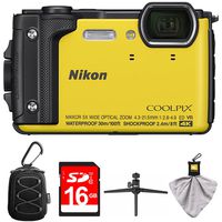 Nikon COOLPIX W300 16MP 4k Ultra HD Waterproof Digital Camera Yellow (26525) with Camera Case with Carabiner, 16GB Memory Card, Mini Table-top Tripod with Clear Case & Microfiber Cleaning Cloth