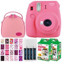 Fujifilm instax mini 9 Instant Film Camera (Flamingo Pink) + Fujifilm Instax Mini Twin Pack Instant (40 Shots) + Round Camera Case + 4 AA Batteries & White Charger + 20 Sticker Frames Sweet 16 Package
