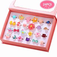PinkSheep Little Girl Jewel Rings in Box, Adjustable, No Duplication, Girl Pretend Play and Dress Up Rings (24 Lovely Ring)