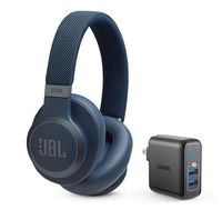 JBL Live 650 BT NC Over-Ear Noise Canceling Wireless Bluetooth Headphone Bundle with Anker PowerPort Elite 2 Ports USB Wall Charger - Blue