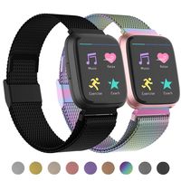 POY Compatible for Fitbit Versa Bands, Replacement for Stainless Steel Mesh Fitbit Versa Lite Bands Metal Strap with Strong Magnet Lock Wristbands for Women Men 2 Packs Black Rainbow Large