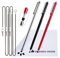 Extra Long - Bundle of 3 Thin-Tip High Precision Universal Capacitive Stylus Pens 7.3'' + Extra 3 Replaceable Tips + 2 x 15'' Elastic Tether Lanyards + Cleaning Cloth (Red+ Black + Silver)