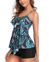 Holipick Women 2 Piece Flounce Printed Top with Boyshorts Tankini Bathing Suits (XL(US 16), Blue Leaf-2)