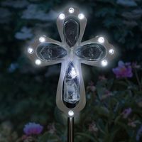 Exhart Solar White Cross Memorial Stake w/ 12 LED Lights - Christian Cross Yard Stake in Clear Acrylic - Features Solar LED Decor Lights - Holy Cross Garden Art, 4 X 34" Pure White