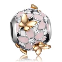 925 Sterling Silver Enamel Magnolia Bloom Charms with Gold Plated Butterfly for European Snake Chain Bracelets