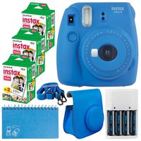 Fujifilm Instax Mini 9 Instant Camera (Cobalt Blue) + Fujifilm Instax Mini Twin Pack Instant Film (60 Exposures) + Camera Case + Scrapbooking Album + 4 AA Batteries & Charger - Deluxe Accessory Bundle