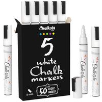 White Chalk Markers - White Dry Erase Chalk Pens for Blackboards, Chalkboard Signs, Windows, Glass, Bistro | 6mm Reversible Tip (5 Pack) - 50 Chalkboard Labels included