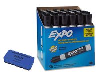 EXPO Low-Odor Dry Erase Markers, Chisel Tip, Black, 36-Count | 1 Magnetic Eraser