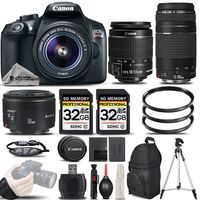 Canon EOS Rebel T6 DSLR Camera + Canon 18-55mm IS II Lens + Canon EF 75-300mm III Telephoto Lens + Canon EF 50mm 1.8 II Lens + 64GB Storage - All Original Accessories Included - International Version
