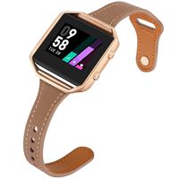 Aiseve Slim Leather Bands Compatible for Fitbit Blaze, Thin Tapered Wristband Rose Gold Metal Frame Clasp for Fitbit Blaze Small Large Women Men (Large, Tan/Rose Gold)