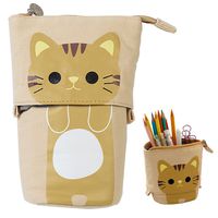 iSuperb Transformer Stand Store Pencil Holder Canvas+PU Cartoon Cute Cat Telescopic Pencil Pouch Bag Stationery Pen Case Box with Zipper Closure 7.5 x 4.9 x 3.0inch/4.1x 3.0inch (Khaki)