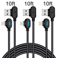 90 Degree Lightning Cable 10FT 3 Pack Right Angle iPhone Charger with Blue LED Light Nylon Braided Fast Charging USB iPhone Cable Cord Compatible with iPhone/iPad/iPod (Black White,10feet)