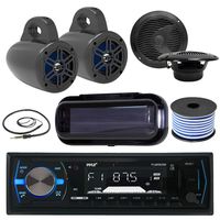 Pyle Bluetooth MP3 USB AUX SD in-Dash Single DIN AM/FM Headunit Marine Receiver, 4" Wakeboard Tower Speakers (Black) - Pair, 6.5" 2-Way Speakers (Black), Radio Shield, AM/FM Antenna, Speaker Wire