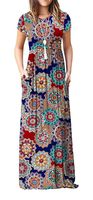 VIISHOW Women's Short Sleeve Floral Print Scoop Neck Loose Plain Maxi Dresses Casual Long Dresses with Pockets(Round Floral Navy Blue XXL)
