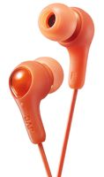 ORANGE GUMY In ear earbuds with stay fit ear tips.  Wired 3.3ft colored cord cable with headphone jack.  Small, medium, and large ear tip earpieces included.  JVC GUMY HAFX7D
