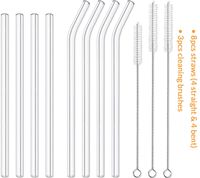 8pcs Glass Straws, 10 mm Wide Diameter Reusable Smooth-friendly Extra Long Drinking Straw for Hot and Cold Drink, Includes 4pcs 8.2 inches Straight, 4pcs 9 inches Bent and 3pcs Cleaning Brushes