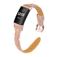 Hotodeal Leather Bands Compatible Charge 3, Genuine Leather Replacement Fitness Accessories Stainless Metal Clasp Smartwatch Wristband Women Men, Black Connector, Shiny Black