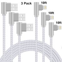90 Degree iPhone Charger Lightning Cable 10ft 3 Pack iPhone Charging Cable Right Angle Nylon Braided Fast Charge Cord Compatible with iPhone Xs Max XR X 8 7 6 5 Plus, iPad, iPod (Silver White, 10ft)