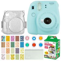 Fujifilm Instax Mini 9 Instant Camera (Ice Blue) + Fujifilm Instax Mini Twin Pack Instant Film (20 Exposures) + Glitter Hard Case + Colored Filters + Album + Sticker Frames Nature Package