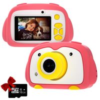 Kids Camera PANNOVO Digital Cam for Girls Rechargeable Video Recorder Cartoon Shockproof Silicone Case with 16GB SD Card 12MP HD 1080P 2 Inch Screen for 3-12 Year Old Boys Toddler - Pink