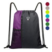 Drawstring Backpack Sports Gym Bag for Women Men Children Large Size with Zipper and Water Bottle Mesh Pockets (Black/Purple)