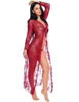Christmas Lingerie for Women Long Sleeve Lace Gown Mesh Pj Kimono Robe(Wine Red,M)