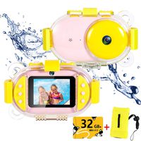 Kids Underwater Camera,ROTEK Dual 8MP 1080P Super HD Waterproof Digtial Camera with 2.4inch IPS Screen 32G Memory Rechargeable Front and Rear Selfie Video Camera for Children,Boys,Girls,Swimming(Pink)