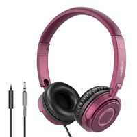 On Ear Headphones with Mic, Vogek Lightweight Portable Fold-Flat Stereo Bass Headphones with 1.5M Tangle Free Cord and Microphone- Claret