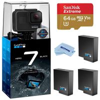 GoPro HERO7 Black - Waterproof Digital Action Camera with Touch Screen 4K HD Video 12MP Photos Live Streaming, Bundle with 2 Extra GoPro Batteries, 64GB microSD Card, Cleaning Cloth