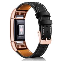 Hotodeal Replacement Leather Band Compatible for Charge 2, Classic Genuine Leather Wristband Metal Connector Watch Bands, Fitness Strap Women Men Small Large (Black- Rosegold Buckle)
